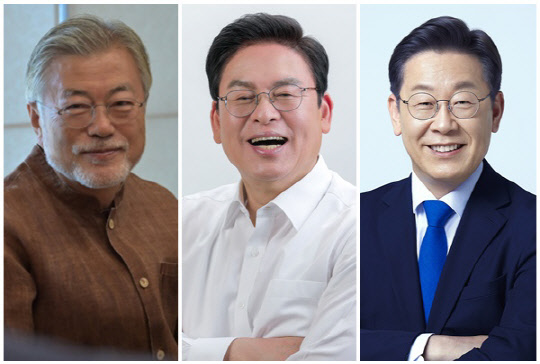 (왼쪽부터) 문재인 전 대통령, 정우택 국회부의장, 이재명 더불어민주당 대표. <정우택 의원실, 민주당 제공>